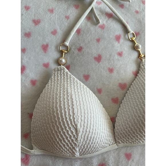 White Ribbed Push Up Pearl and Gold Hardware Bikini Top Womens Size Small - Picture 2 of 4